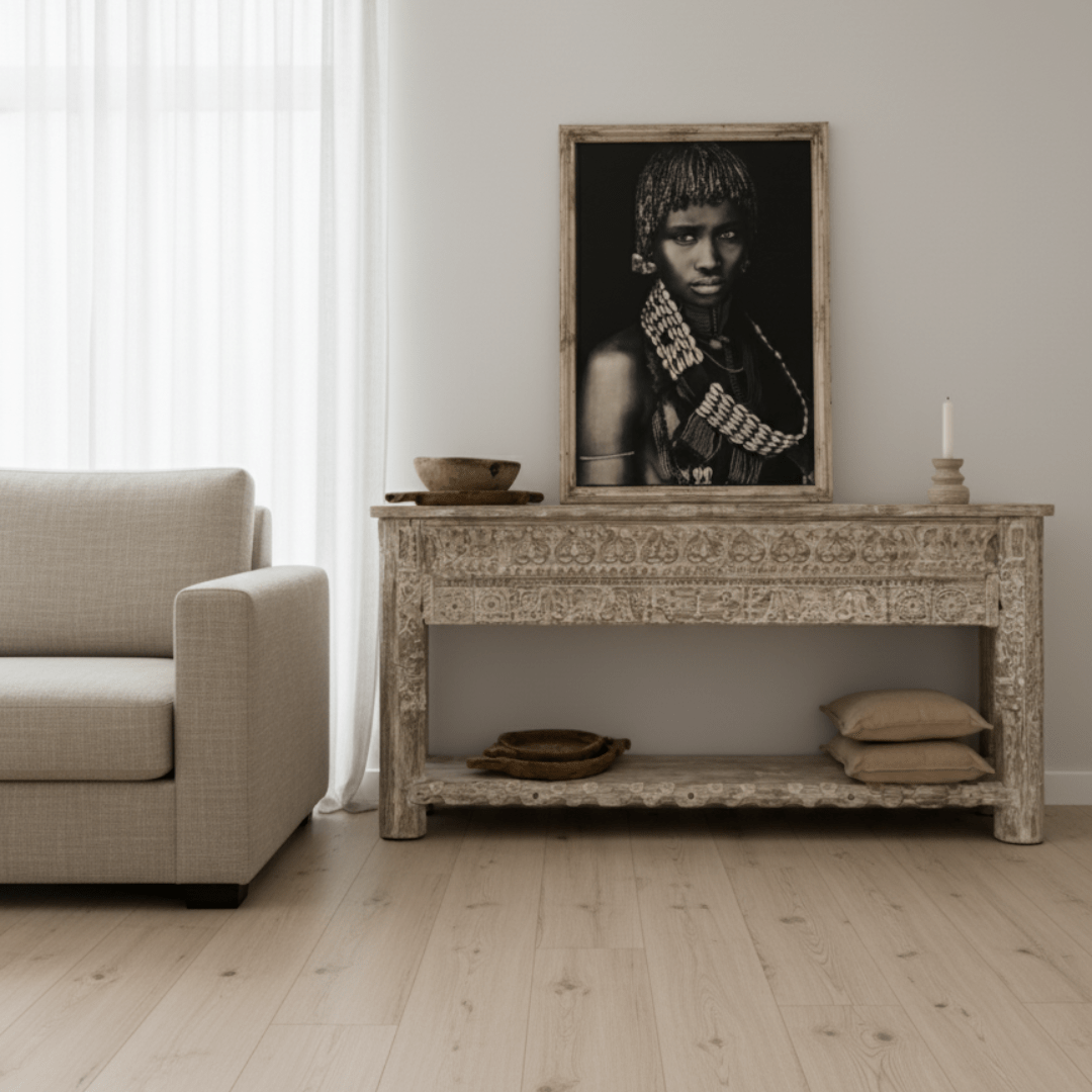 Carved Wooden Console | Vintage whitewash - BHM HomeConsoles