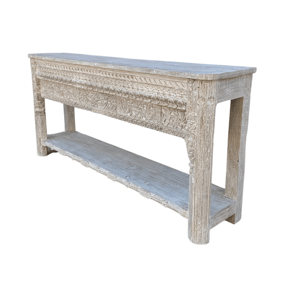 Carved Wooden Console | Vintage whitewas - BHM HomeConsoles