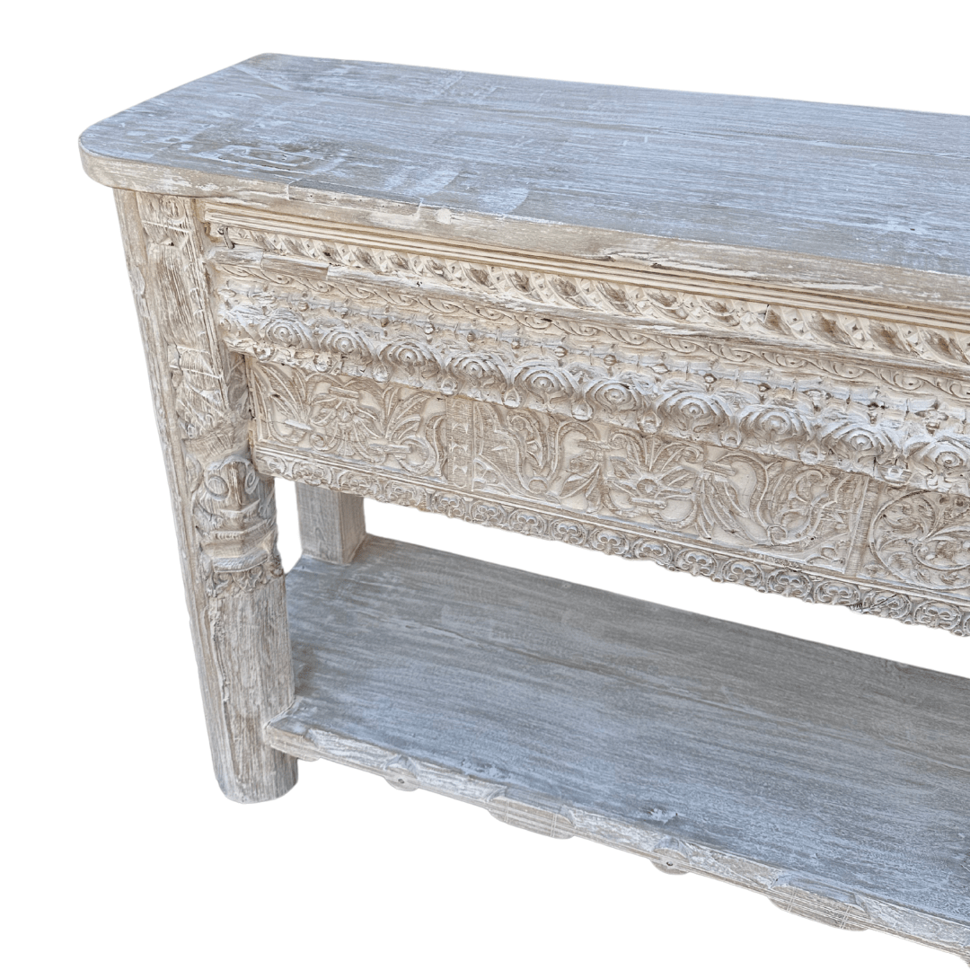 Carved Wooden Console | Vintage whitewas - BHM HomeConsoles