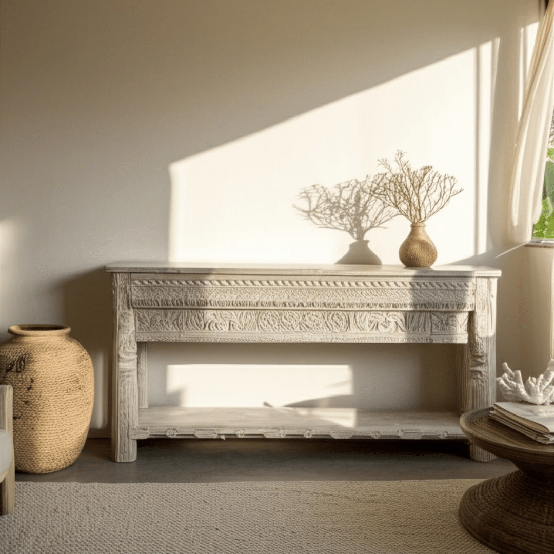 Carved Wooden Console | Vintage whitewash - BHM HomeConsoles