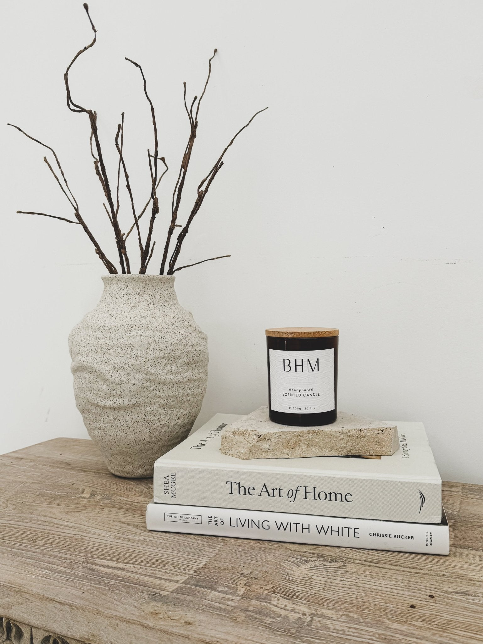 Crème Brulee Candle & Travertine Wedge - BHM HomeCandles