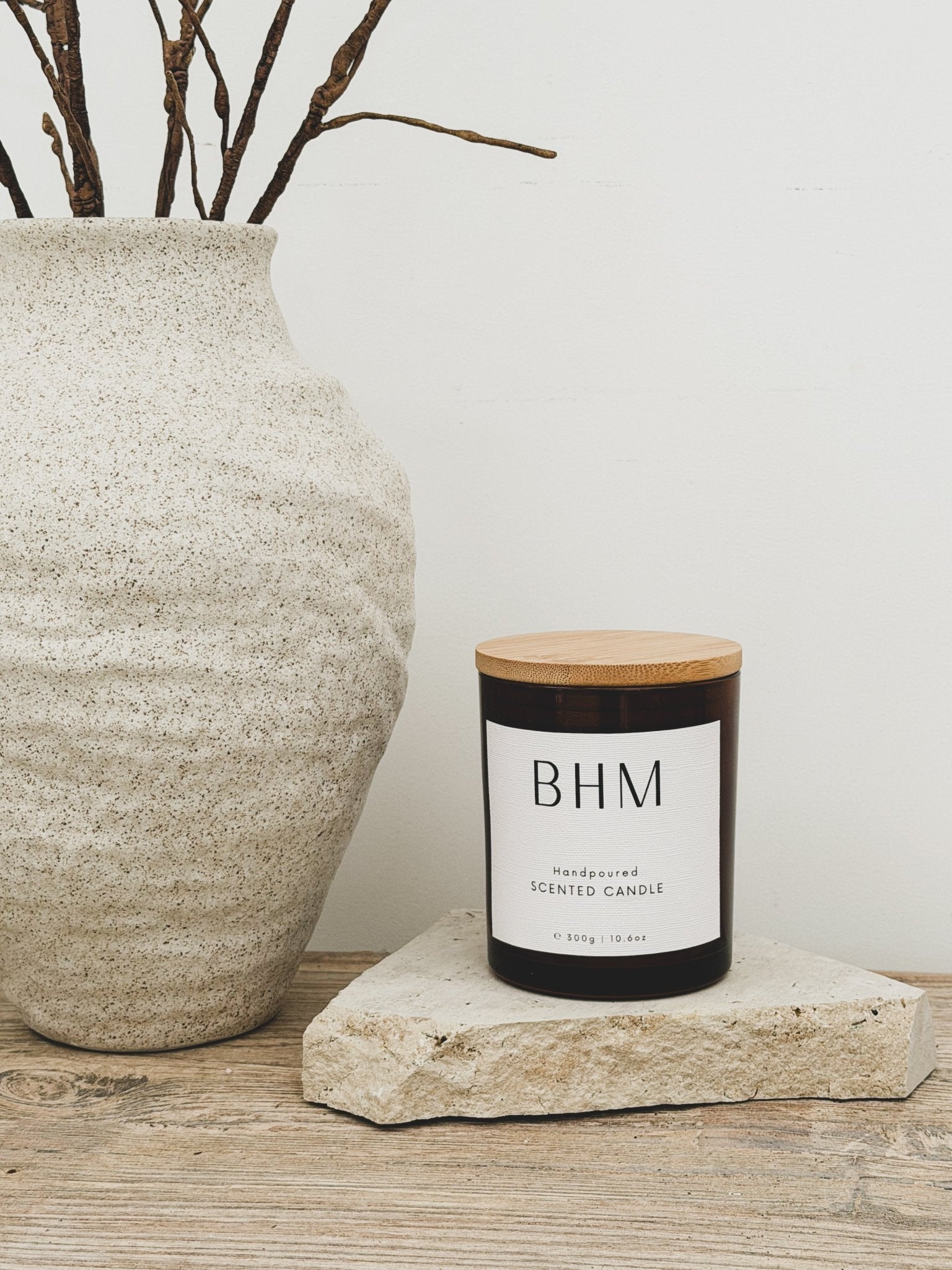 Crème Brulee Candle & Travertine Wedge - BHM HomeCandles