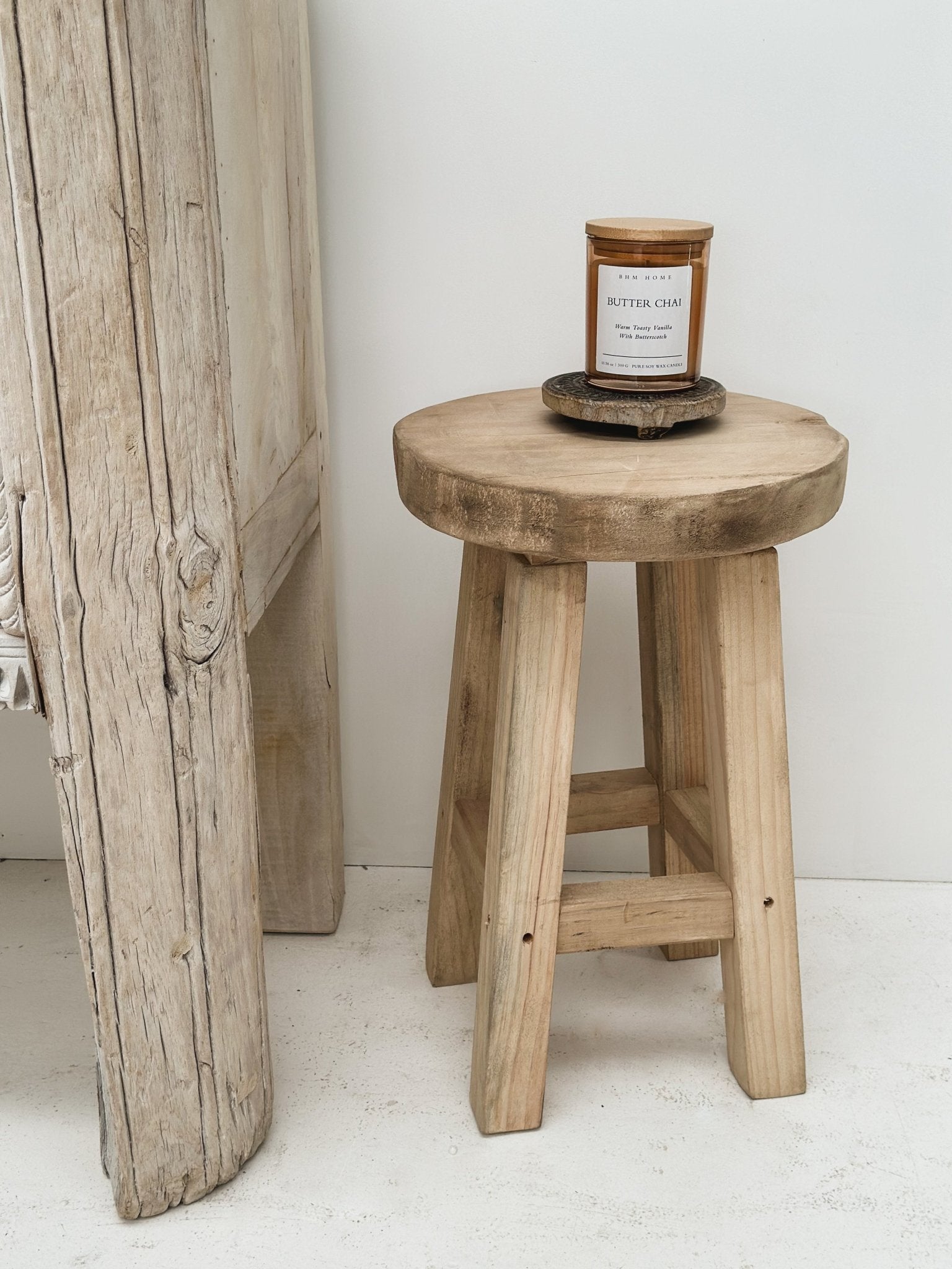 Rustic Round Stool Bleach – BHM Home - Main Image