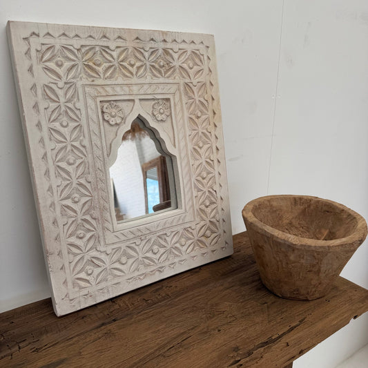 Whitewash Carved Mirror - Aztec - BHM HomeMirrors and Wall hooks