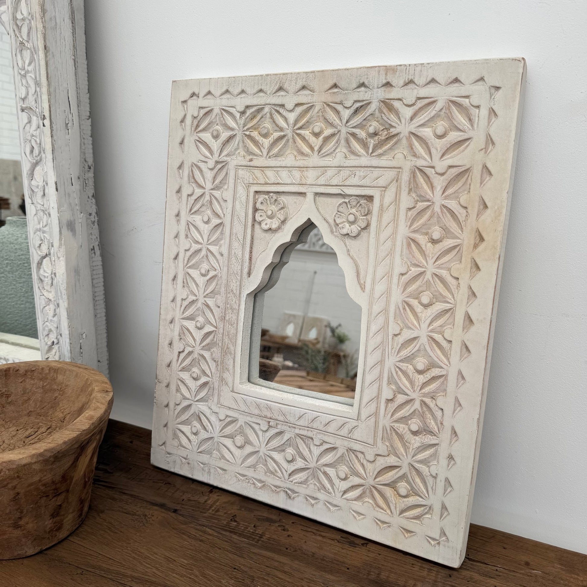 Whitewash Carved Mirror - Aztec - BHM HomeMirrors and Wall hooks