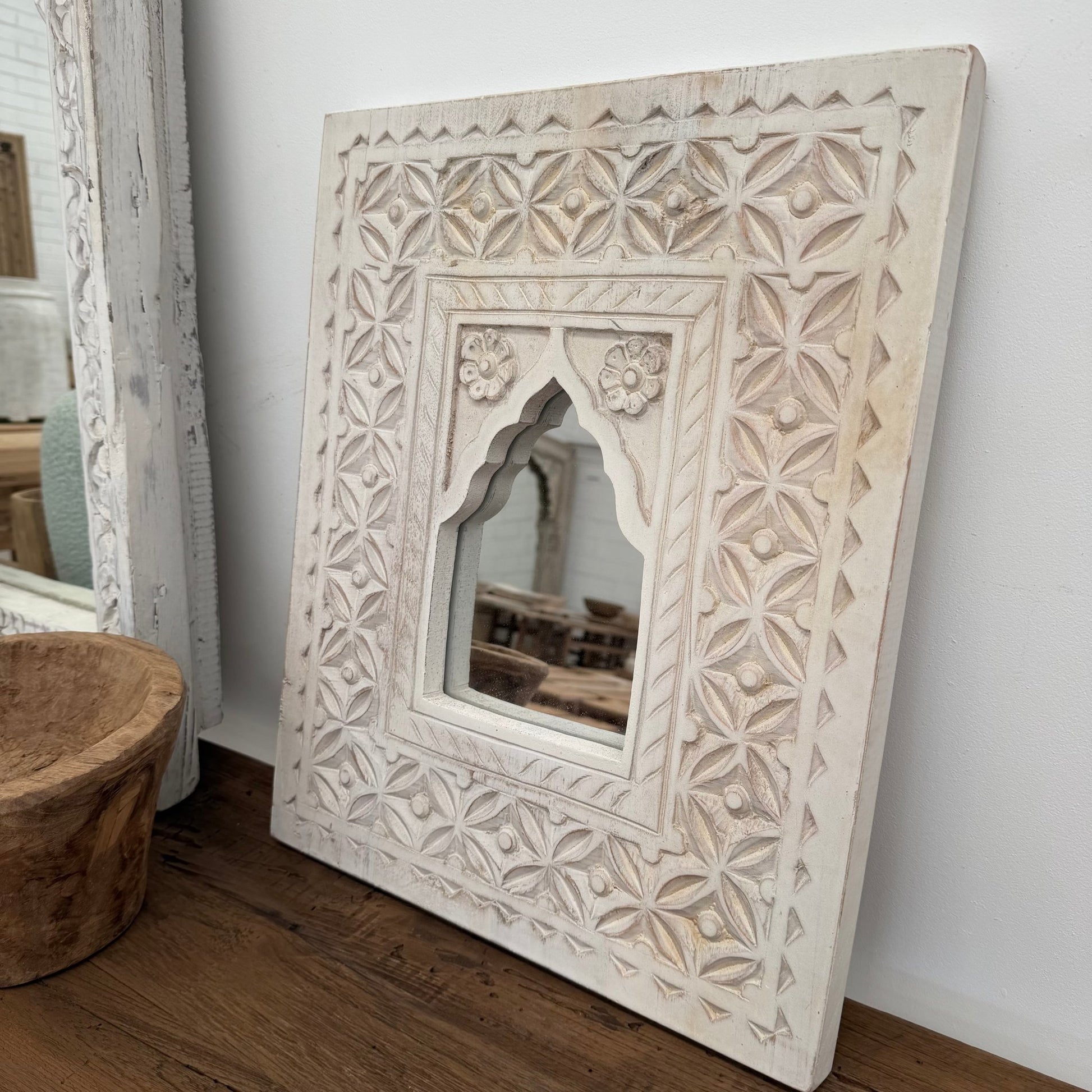 Whitewash Carved Mirror - Aztec - BHM HomeMirrors and Wall hooks